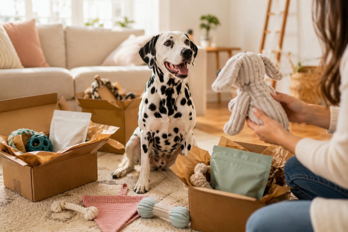 Happy Dalmatian surrounded by opened boxes of gifted pet products and toys from a brand ambassador program