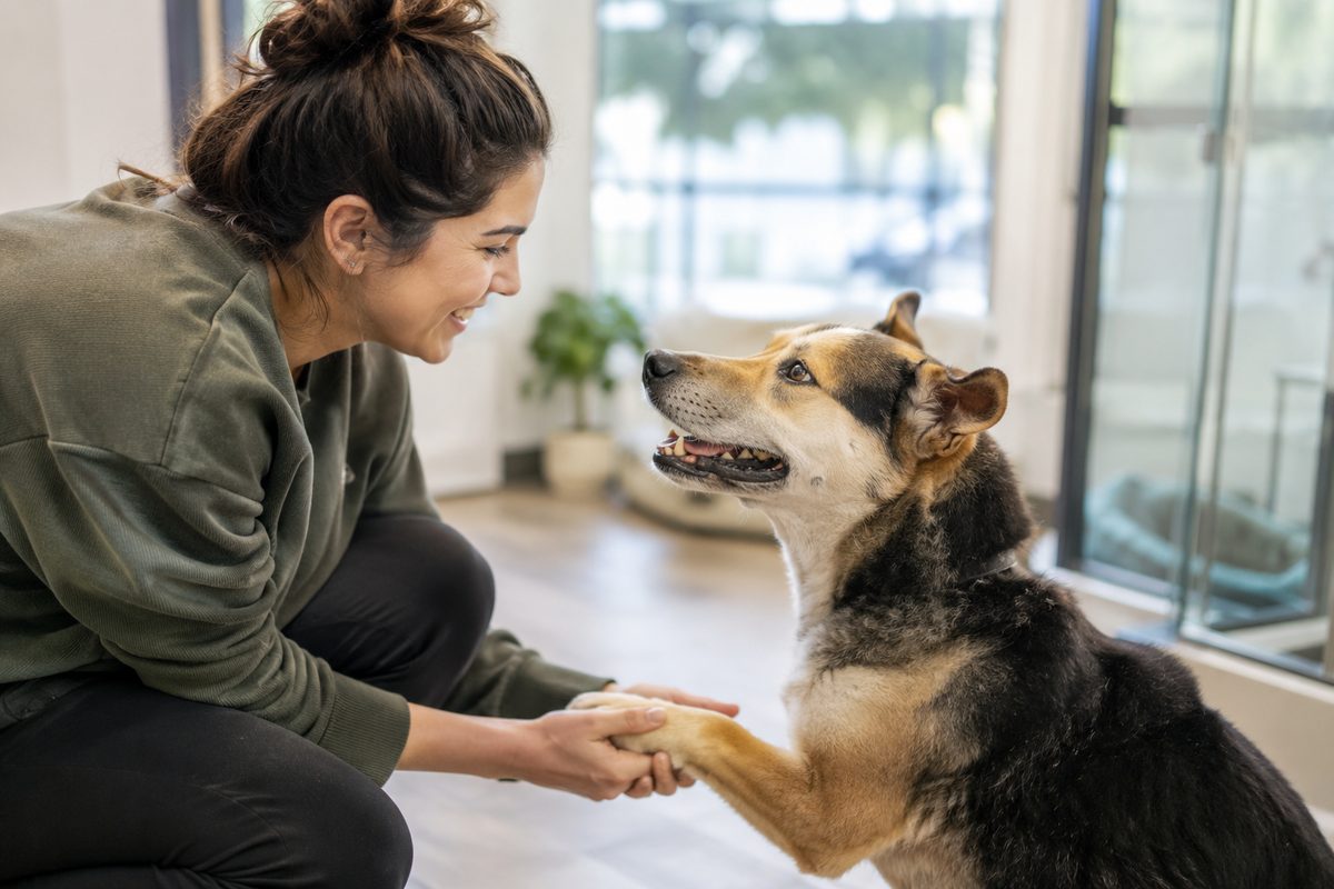 A woman kneeling to greet a happy mixed-breed rescue dog at an animal shelter
