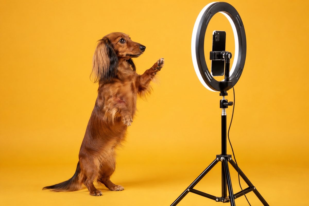 A long-haired dachshund reaching toward a phone on a ring light in a bright studio β becoming a pet influencer