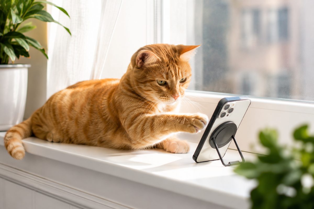 An orange tabby cat on a sunny windowsill reaching for a phone β becoming a cat influencer