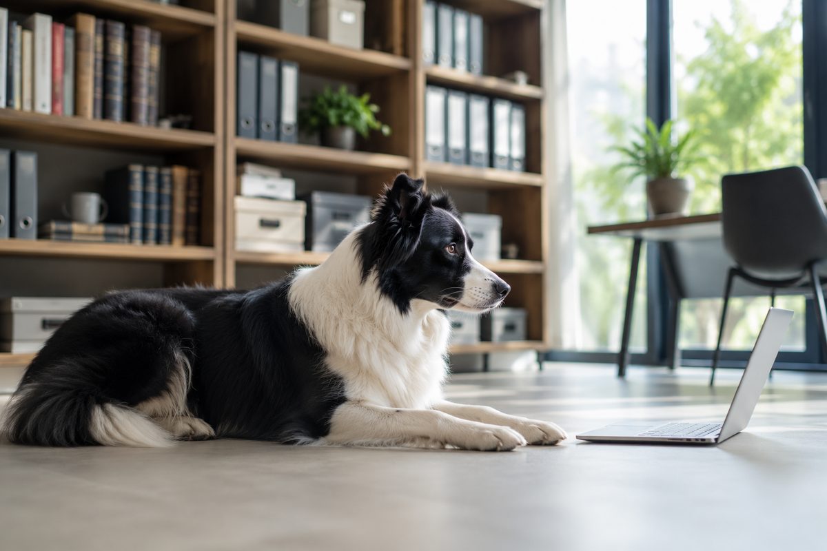 A border collie resting beside a laptop in a home office — creating a pet media kit