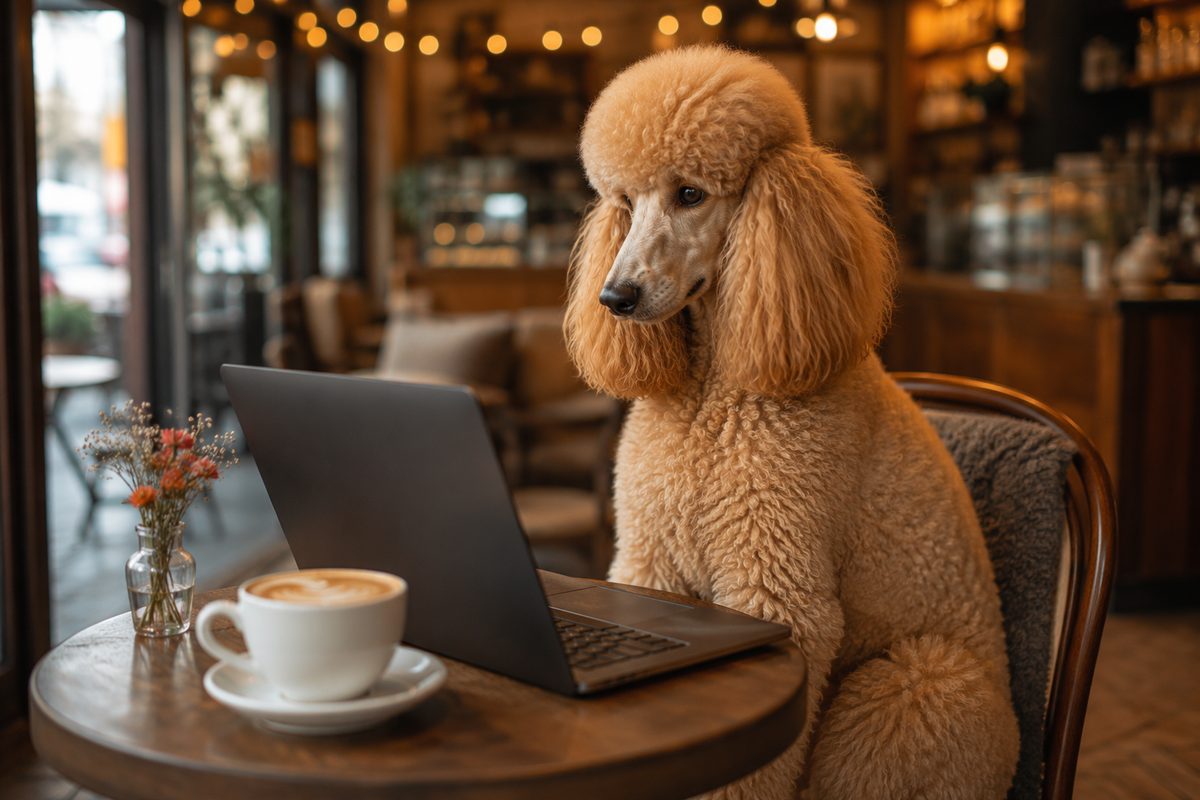 A poodle with a laptop at a cozy coffee-shop table — pitching brands as a pet influencer